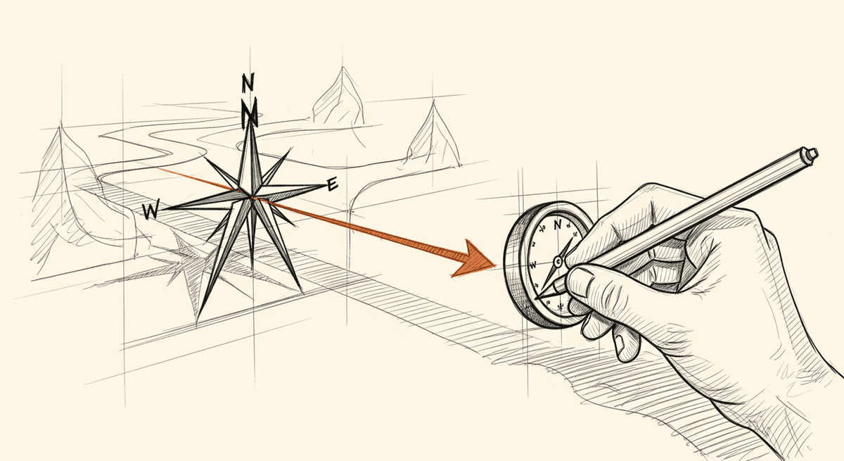 Sketch of a compass choosing direction through competing paths