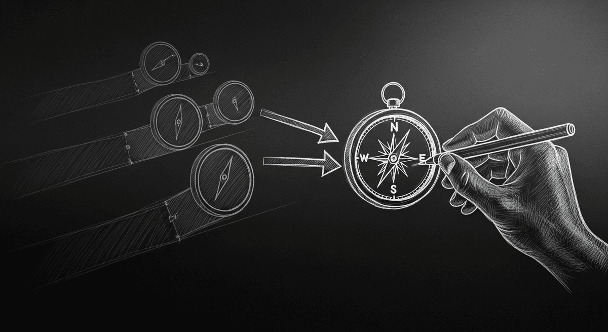 Sketch of a compass choosing direction through competing paths