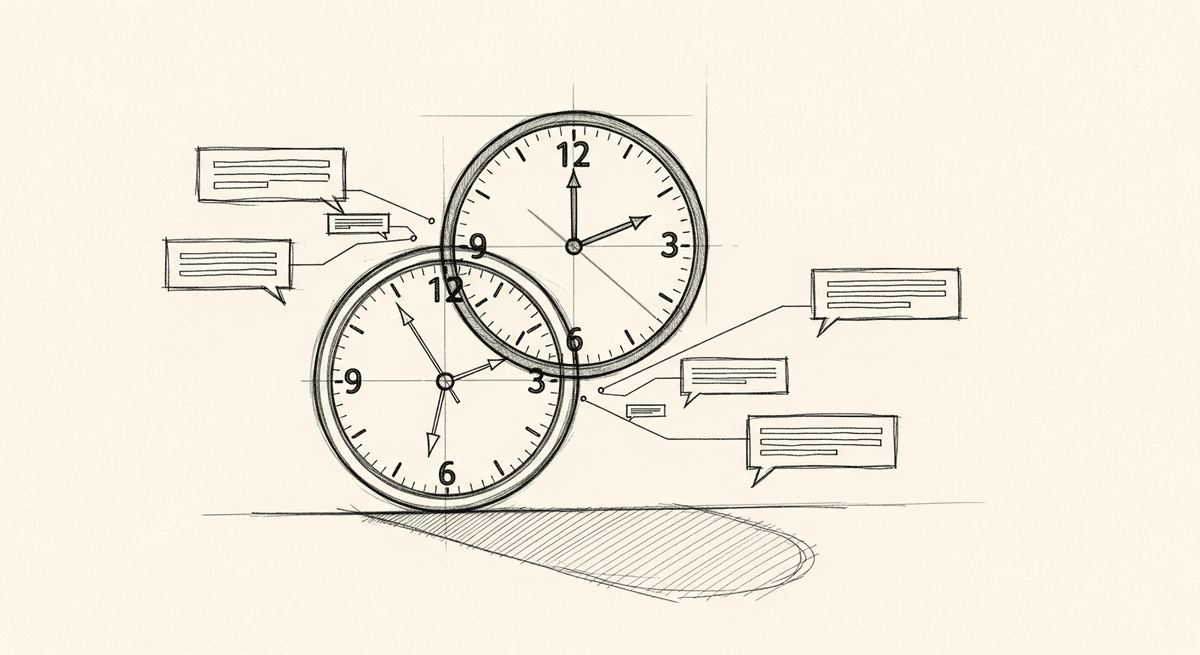 Sketch of overlapping timezones connected by async communication threads