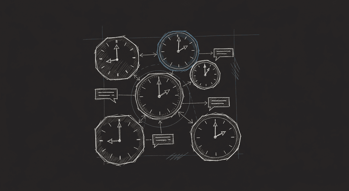 Sketch of overlapping timezones connected by async communication threads