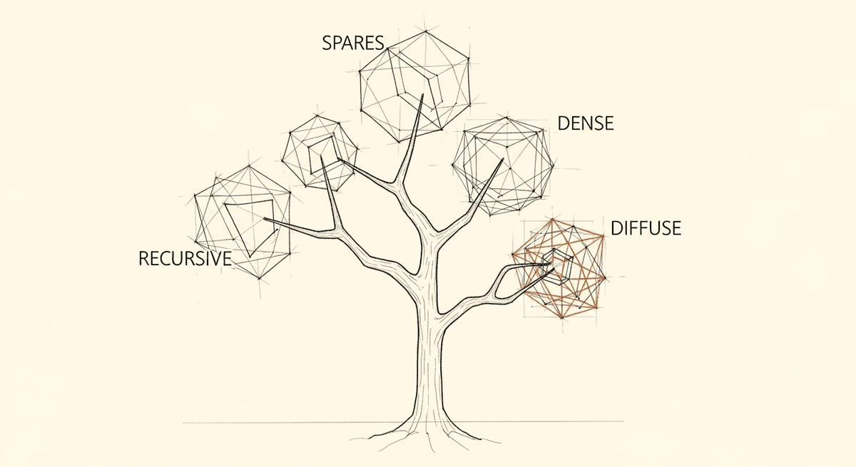 Sketch of LLM architectures branching from a central trunk