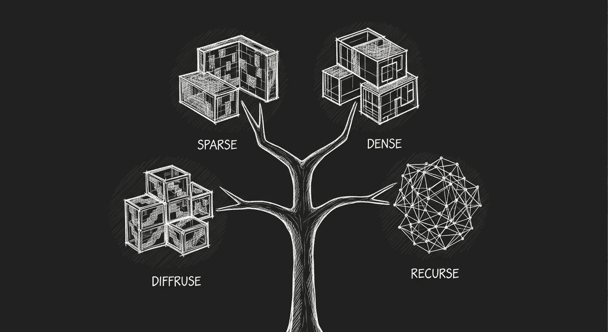 Sketch of LLM architectures branching from a central trunk