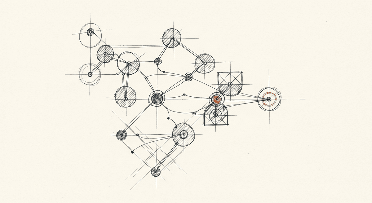 Sketch of decentralized agents self-organizing without central control