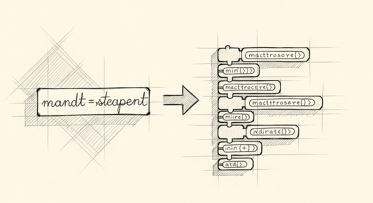 Sketch of English instructions flowing into executable code structure