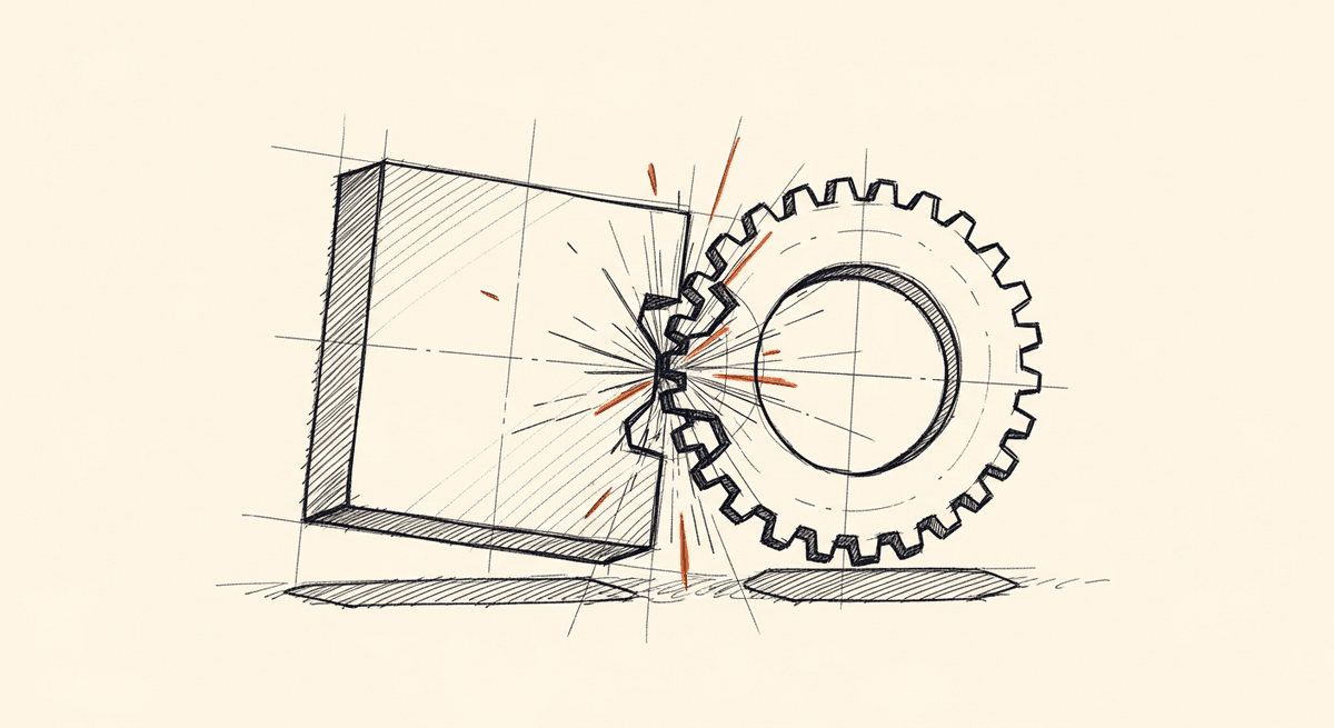 Sketch of CJS and ESM module systems failing to mesh as incompatible gears