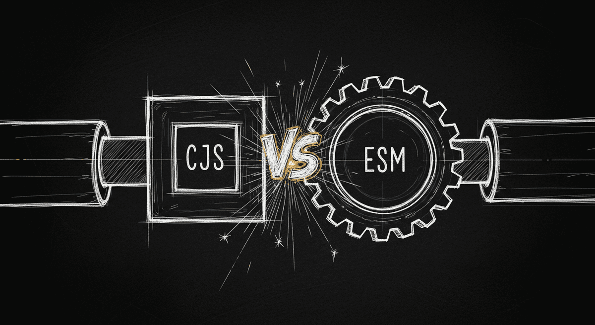 Sketch of CJS and ESM module systems failing to mesh as incompatible gears
