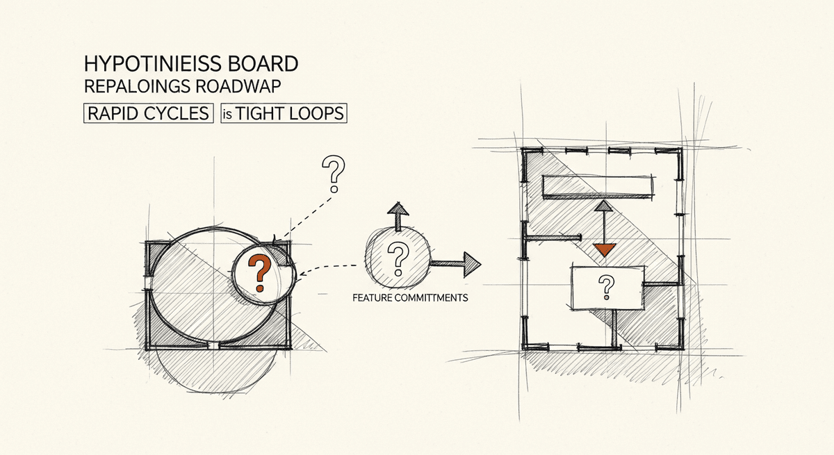 Sketch of experiment hypothesis board replacing a traditional product roadmap
