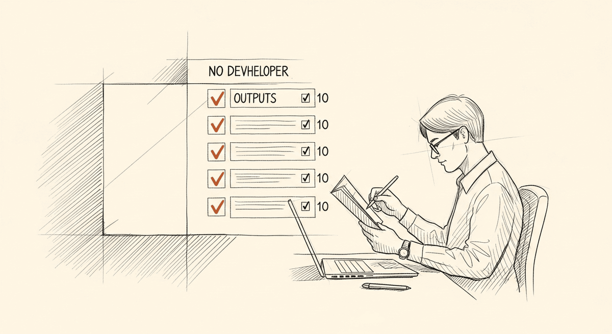 Sketch of developer manually reviewing AI outputs with binary pass/fail judgment