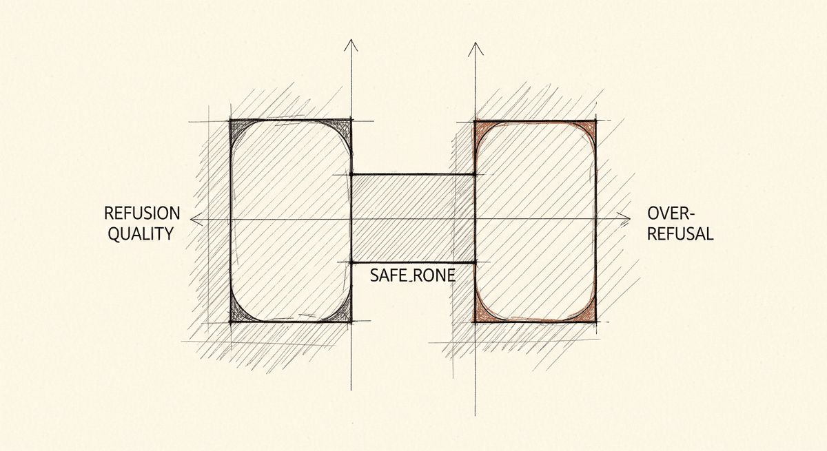 Sketch of dual-axis jailbreak evaluation measuring refusal vs over-refusal