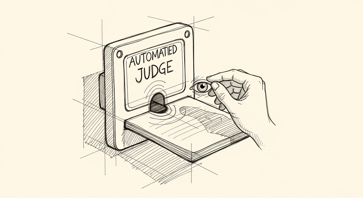 Sketch of an automated LLM judge missing a critical error a human would catch