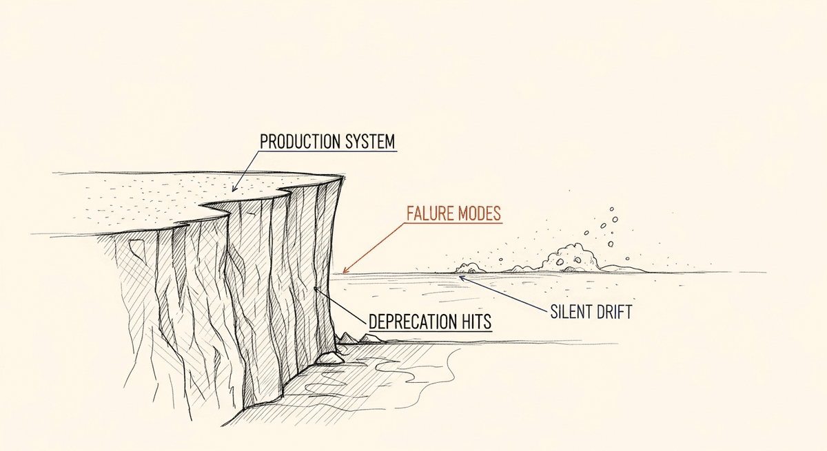 Sketch of production LLM system with stochastic failures and deprecation cliff