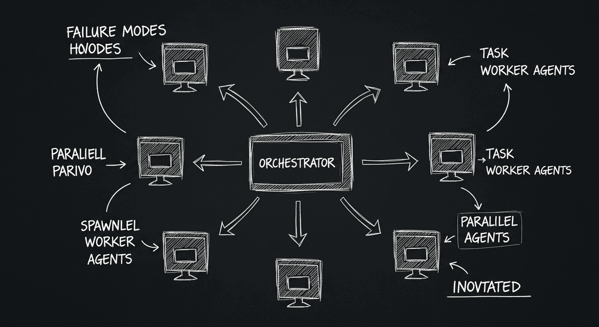 Sketch of orchestrator agent spawning parallel workers with failure modes noted