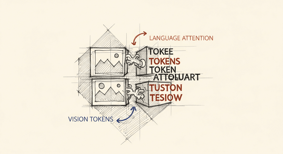 Sketch of vision and language tokens merging in multimodal cross-attention
