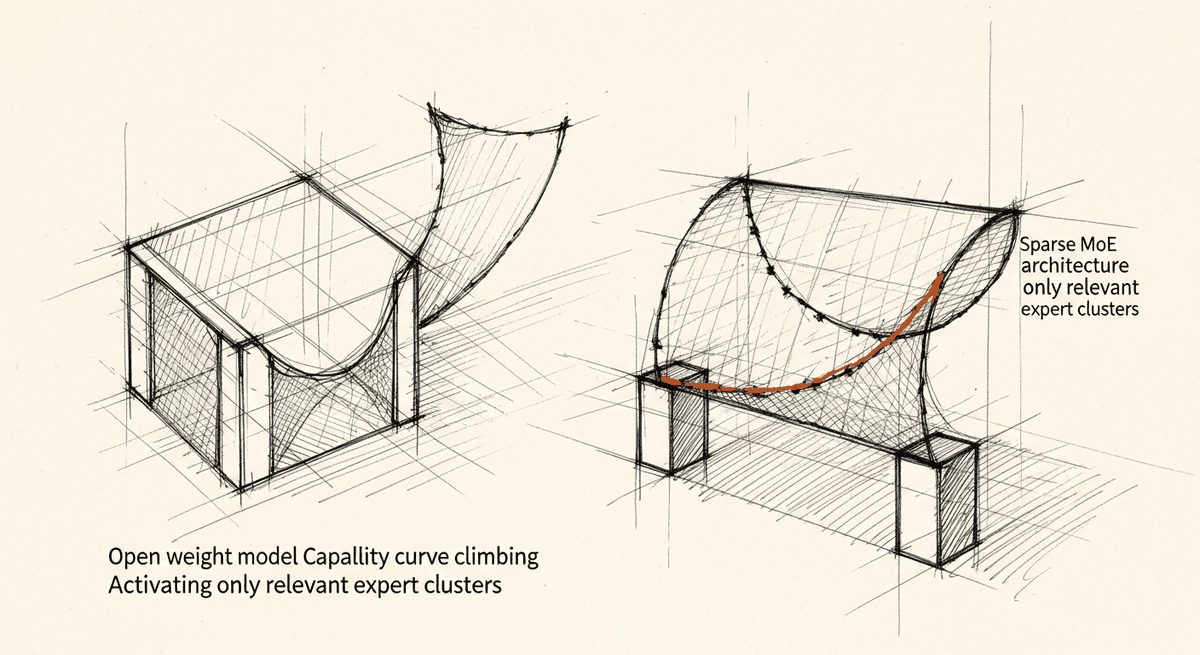 Sketch of open weight LLM capability growth with MoE sparse activation
