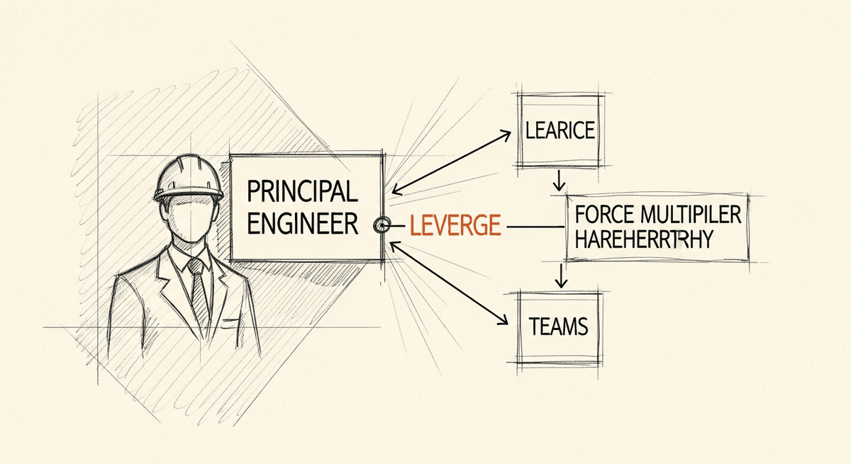 Sketch of principal engineer as force multiplier with leverage radiating to teams