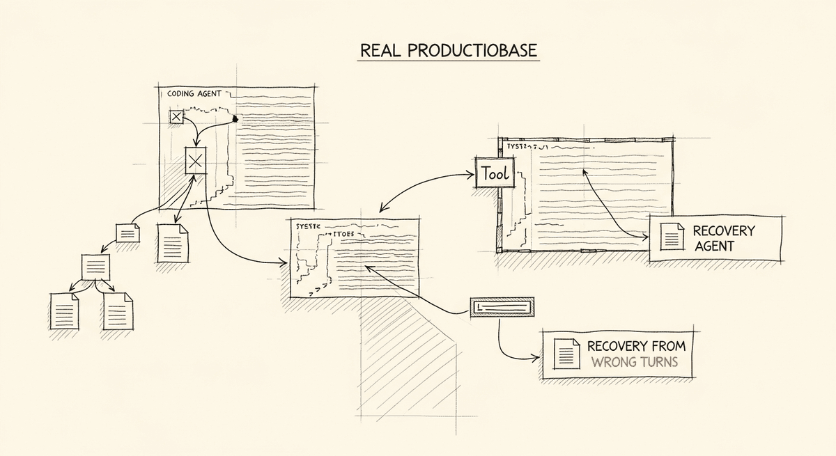 Sketch of a coding agent navigating a production codebase with tool calls