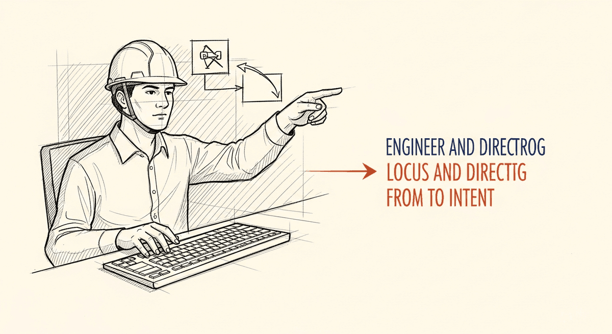 Sketch of engineer shifting from writing code to directing an AI system