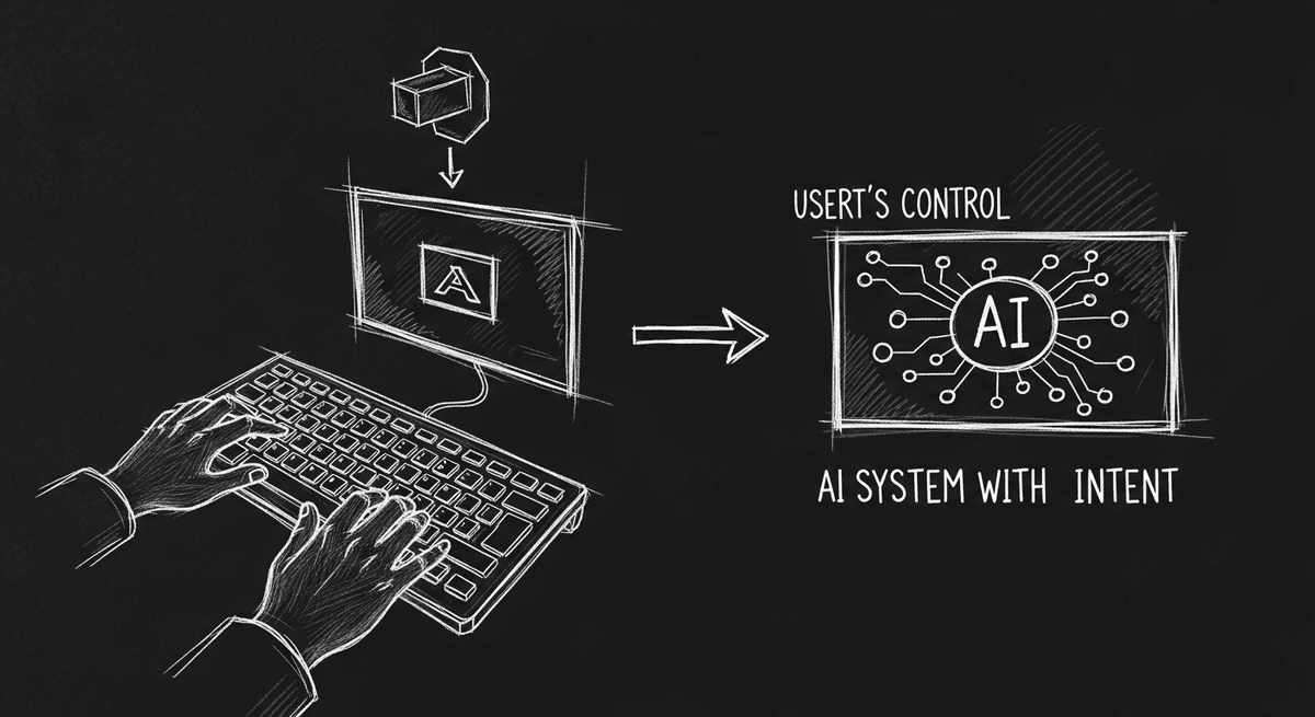 Sketch of engineer shifting from writing code to directing an AI system
