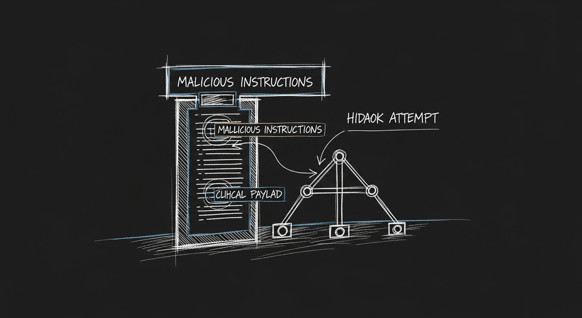 Sketch of prompt injection attack hidden inside clinical data