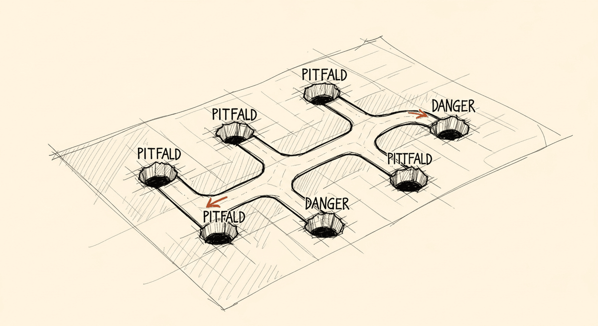 Sketch of six failure mode pitfalls along an AI product journey path