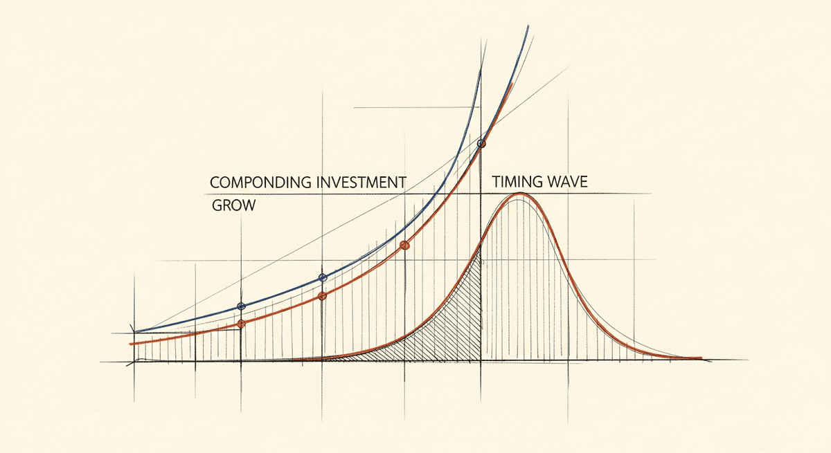 Sketch of compounding investment curve overlaid with timing wave