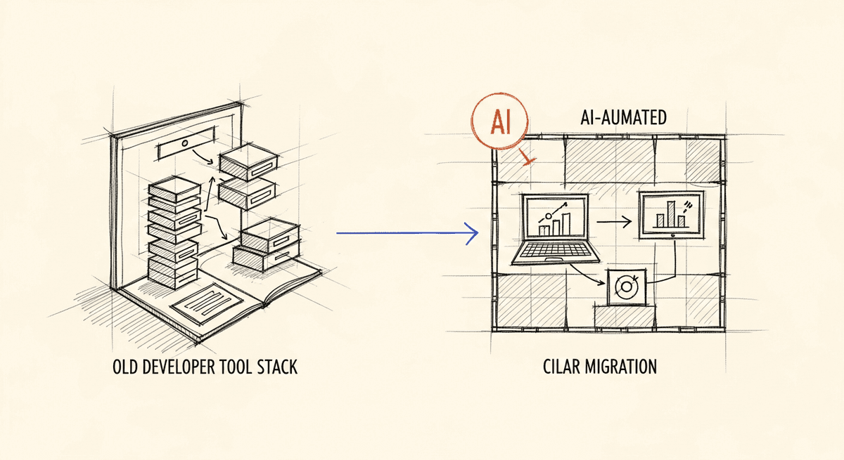 Sketch of old developer tool stack being replaced by AI-augmented workflow