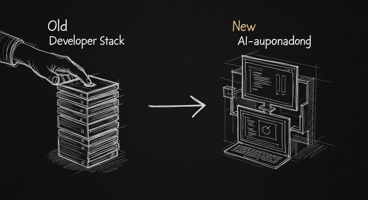 Sketch of old developer tool stack being replaced by AI-augmented workflow