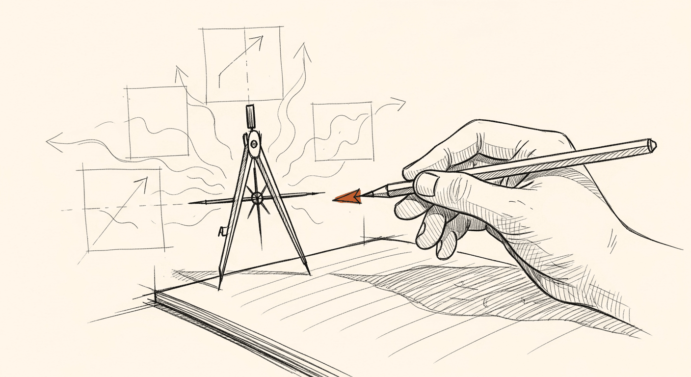 Sketch of a compass choosing direction through competing paths