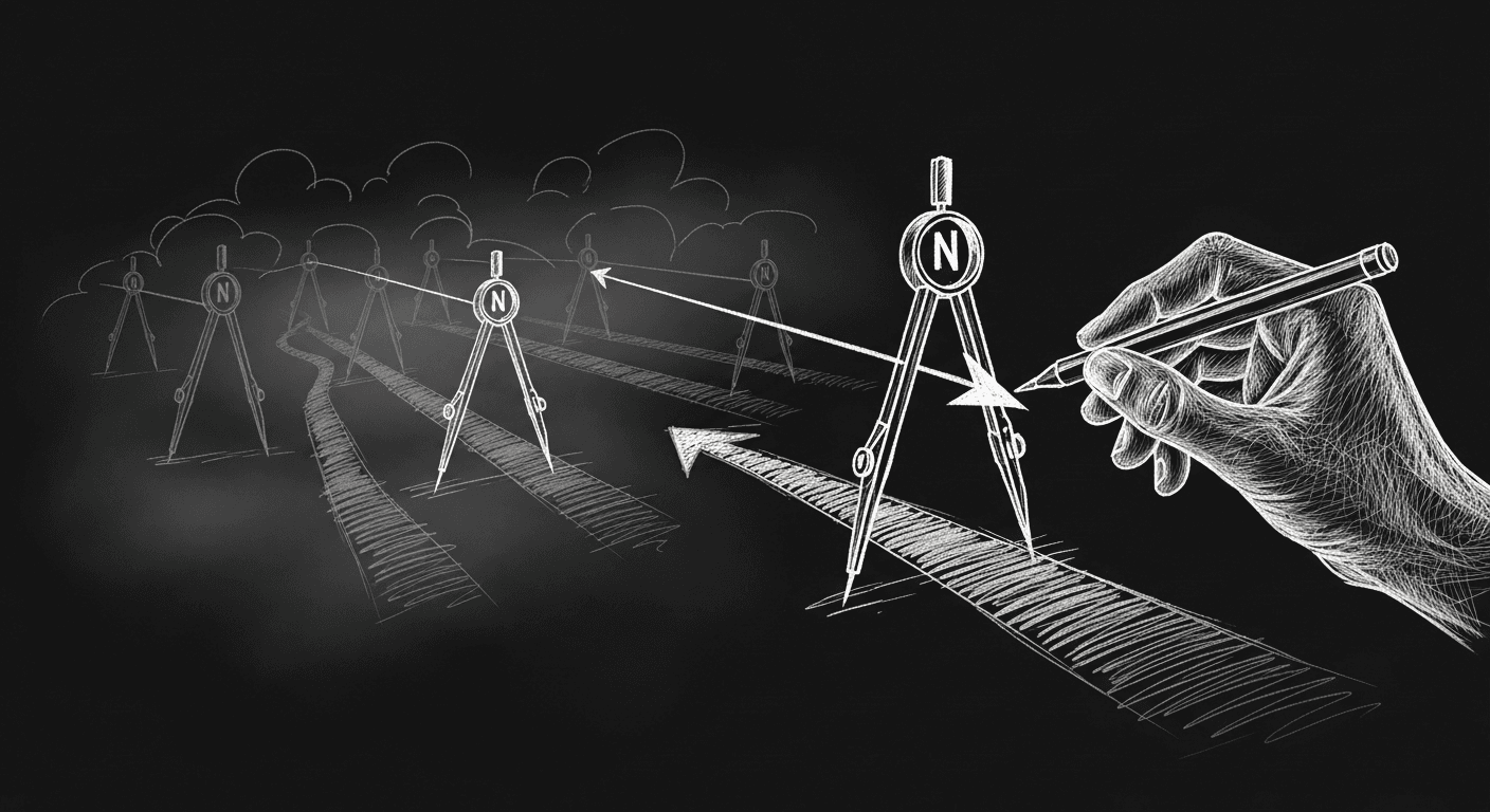 Sketch of a compass choosing direction through competing paths