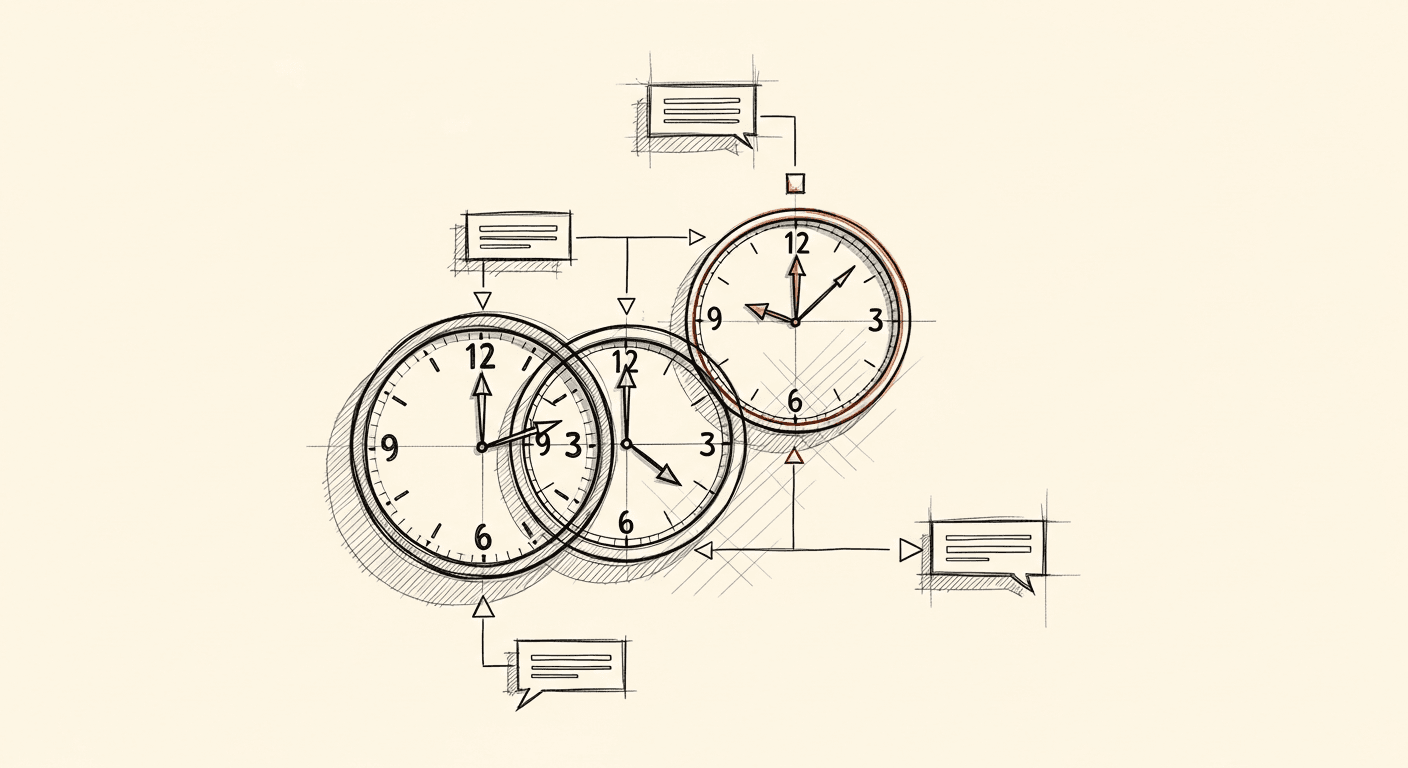 Sketch of overlapping timezones connected by async communication threads