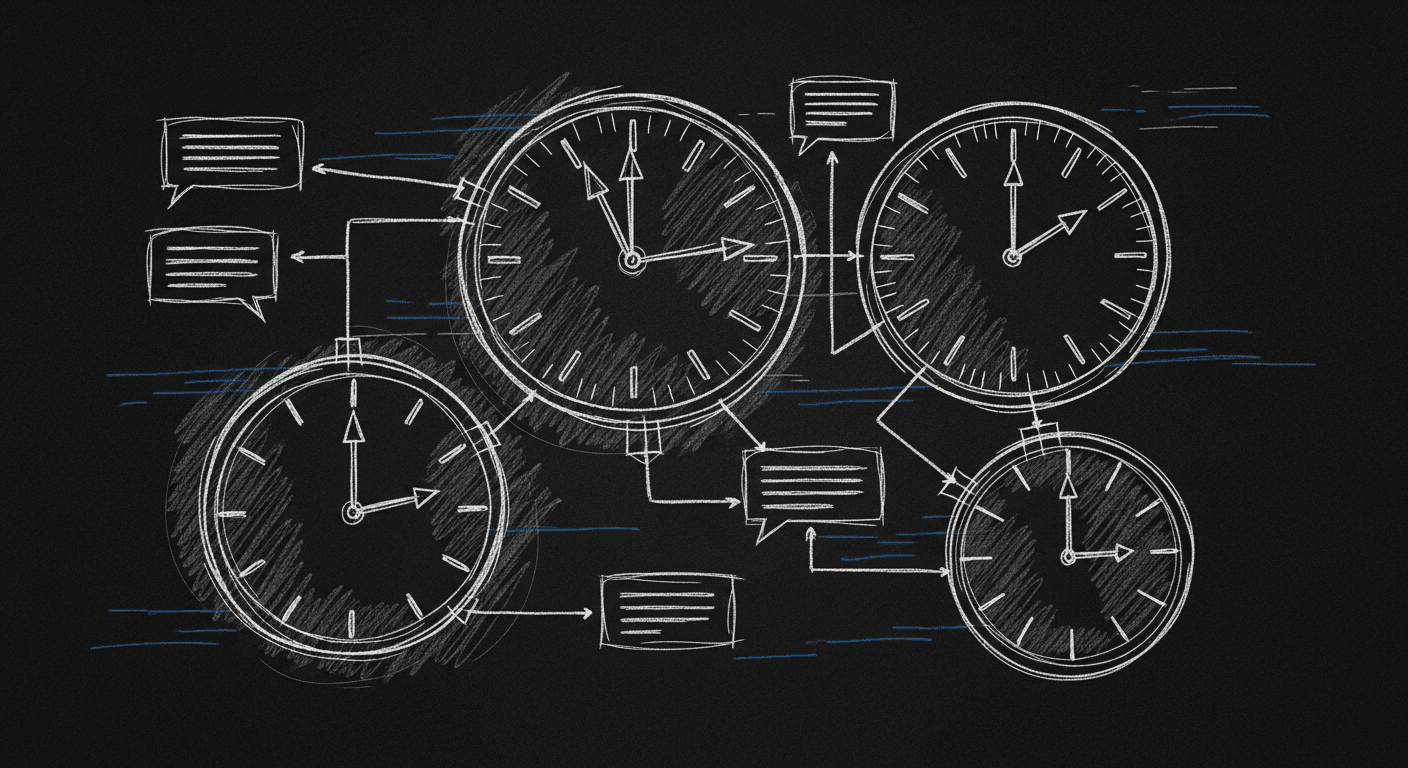 Sketch of overlapping timezones connected by async communication threads