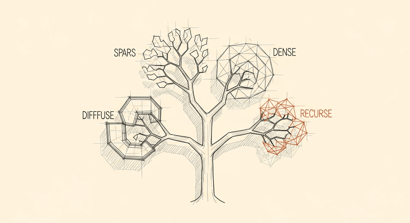 Sketch of LLM architectures branching from a central trunk