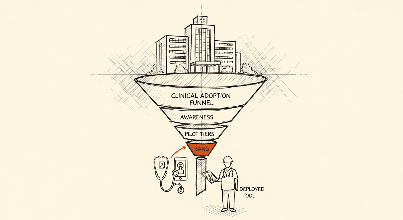Sketch of a digital health adoption funnel from idea through pilot to scale with clinical stakeholders