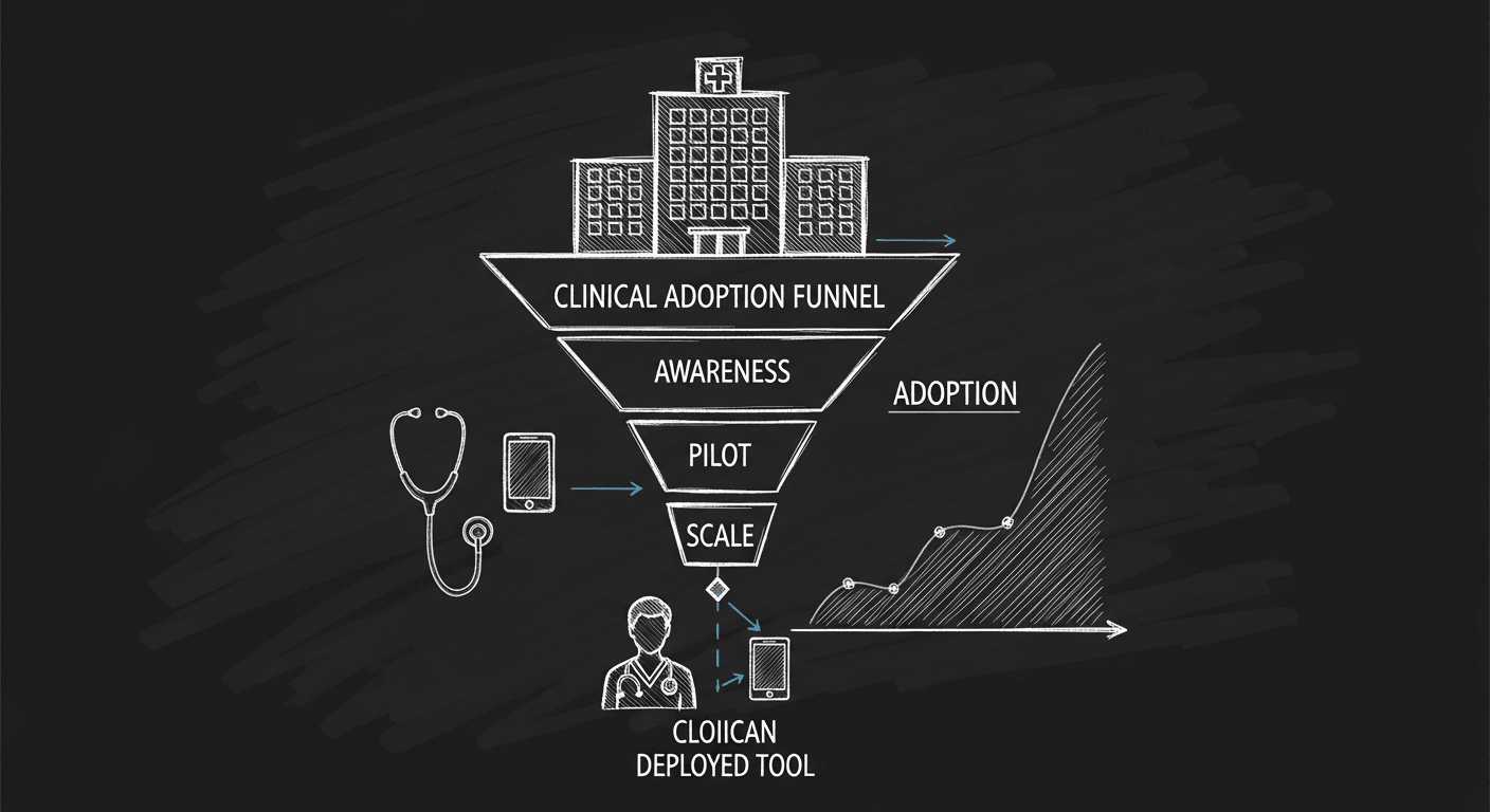 Sketch of a digital health adoption funnel from idea through pilot to scale with clinical stakeholders