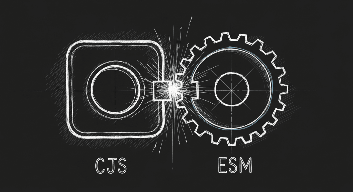 Sketch of CJS and ESM module systems failing to mesh as incompatible gears