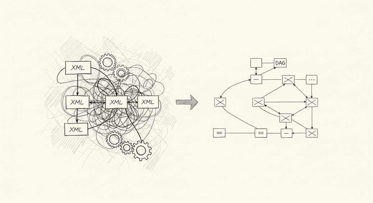 Sketch of an integration engine evolving from legacy Java architecture to modern DAG-based workflow