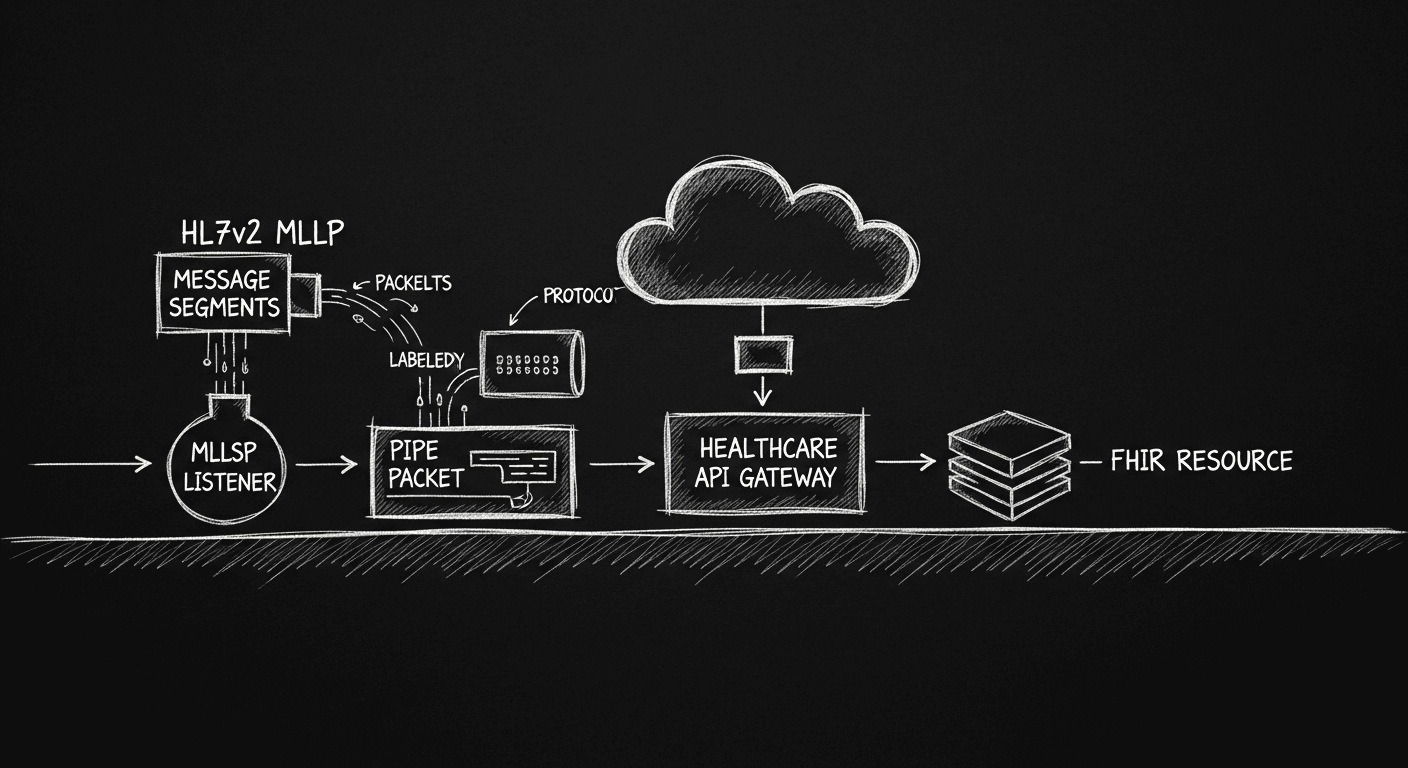 Schematic of HL7v2 MLLP message ingestion pipeline into Google Cloud Healthcare API and FHIR