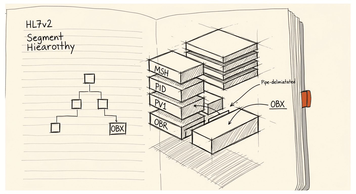 Exploded diagram of HL7v2 message segments showing MSH, PID, PV1, OBR, and OBX structure