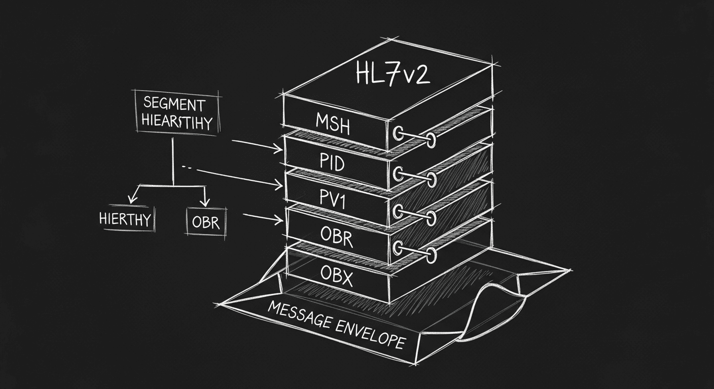 Exploded diagram of HL7v2 message segments showing MSH, PID, PV1, OBR, and OBX structure