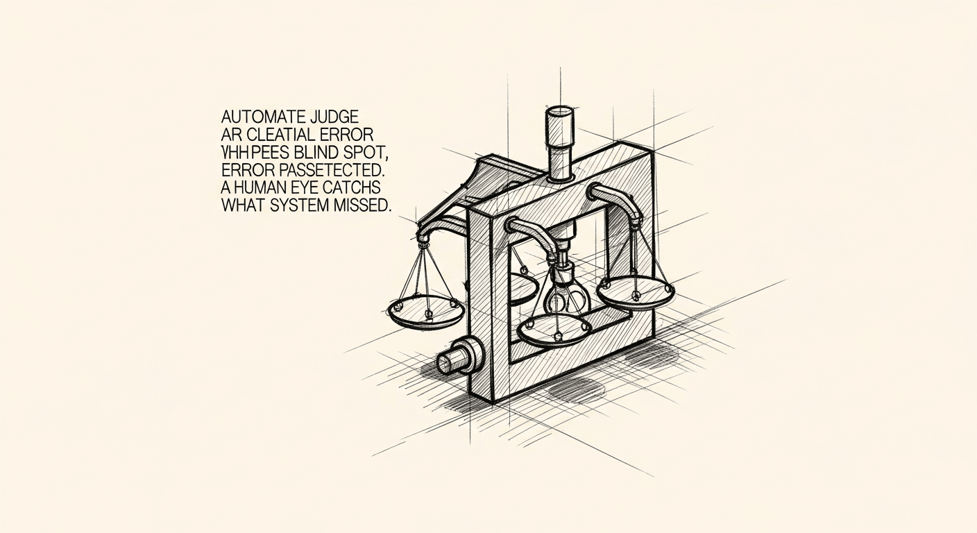 Sketch of an automated LLM judge missing a critical error a human would catch