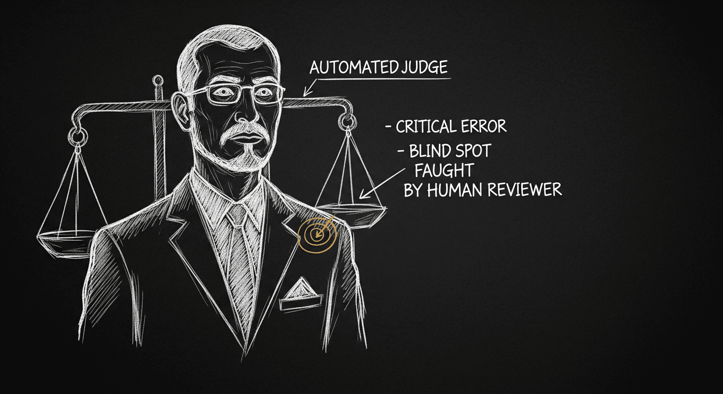 Sketch of an automated LLM judge missing a critical error a human would catch