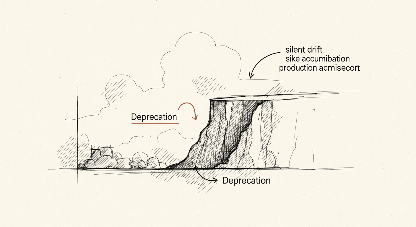 Sketch of production LLM system with stochastic failures and deprecation cliff