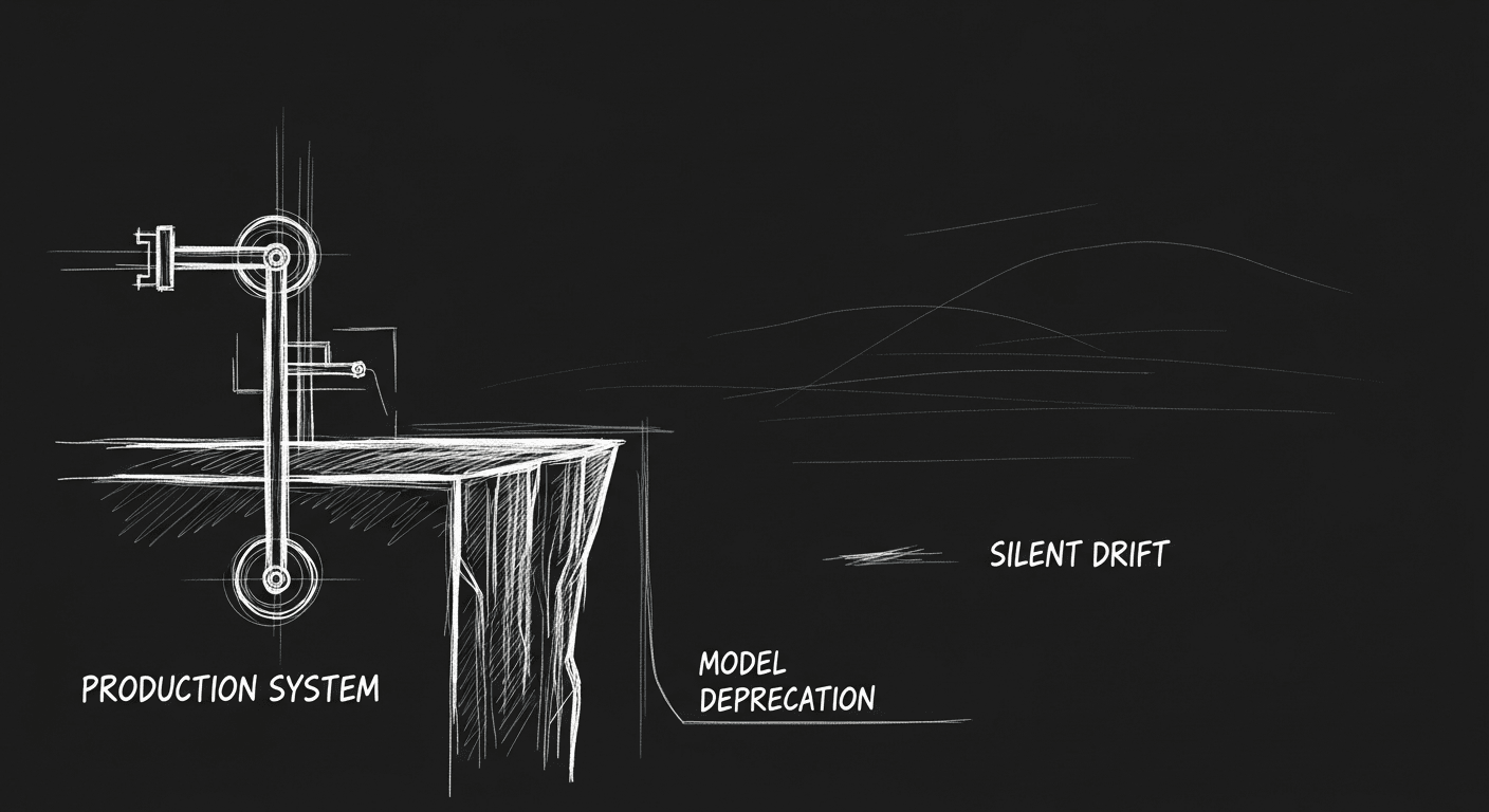 Sketch of production LLM system with stochastic failures and deprecation cliff