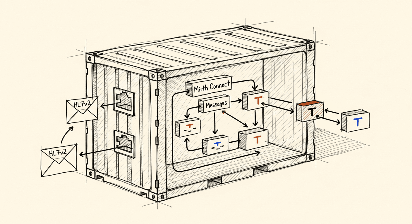 Technical schematic of Mirth Connect inside a Docker container with HL7v2 message flow