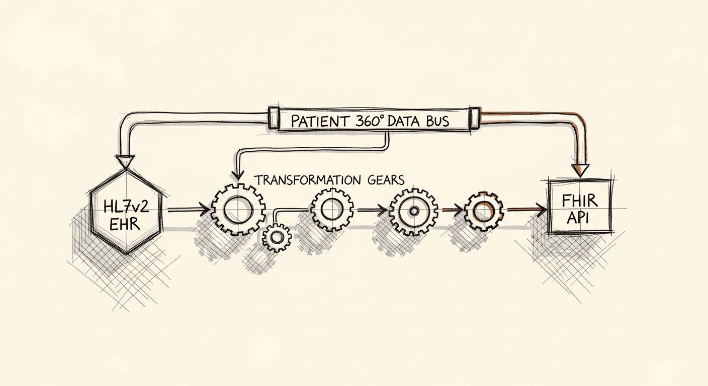 Schematic of MuleSoft healthcare integration flow from HL7v2 EHR source to FHIR API target