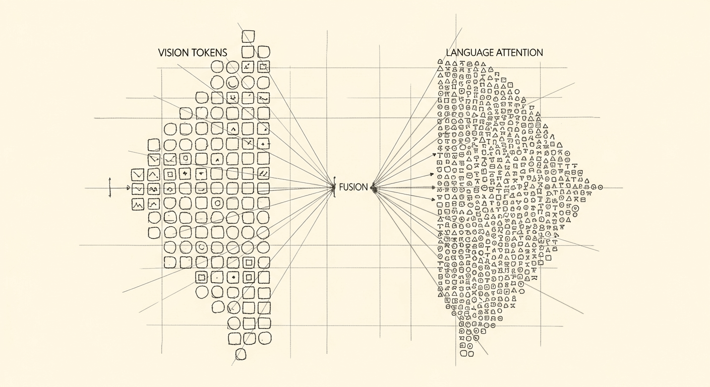 Sketch of vision and language tokens merging in multimodal cross-attention