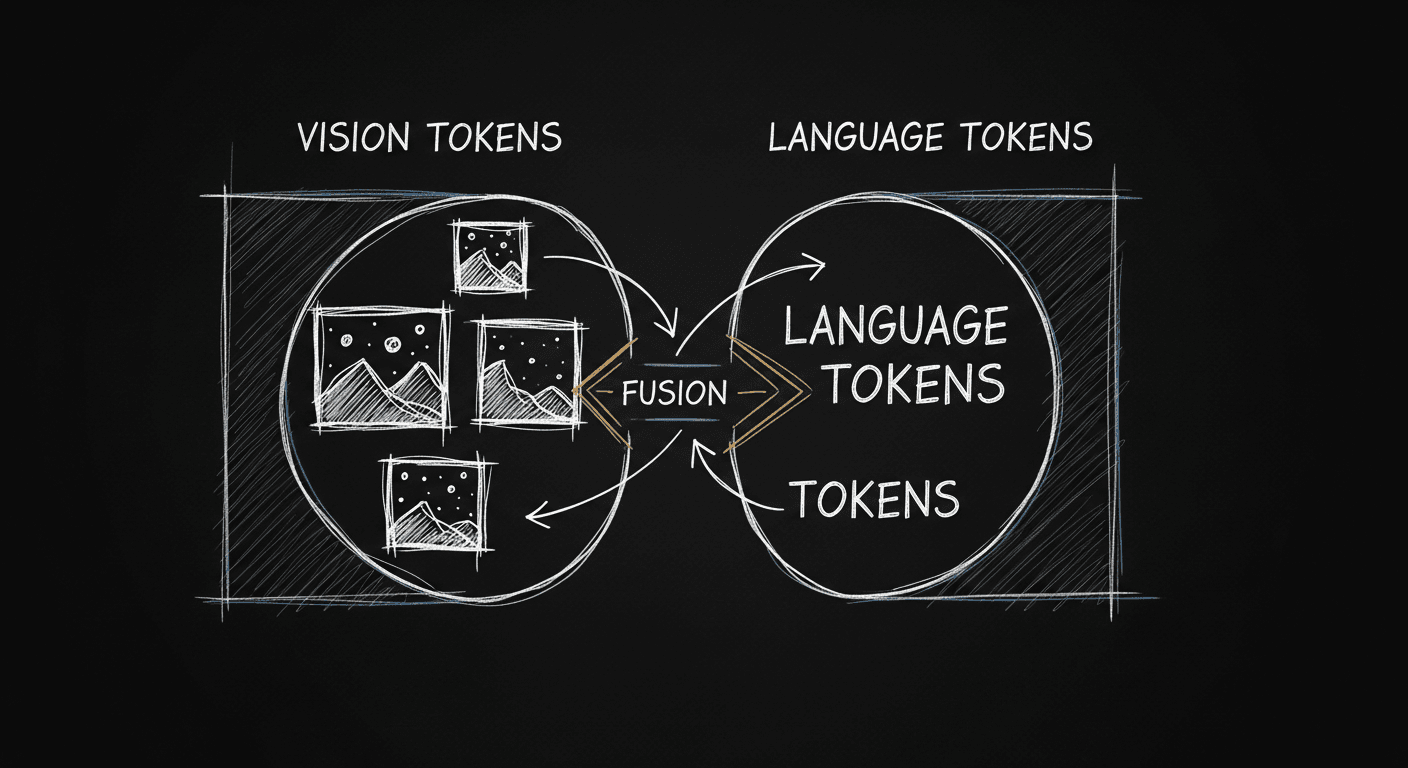 Sketch of vision and language tokens merging in multimodal cross-attention