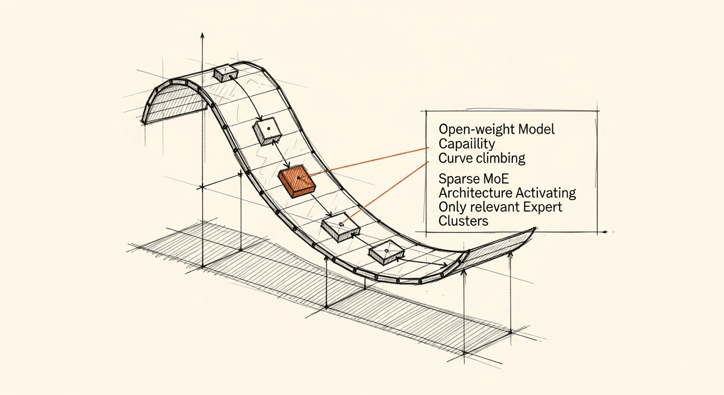 Sketch of open weight LLM capability growth with MoE sparse activation