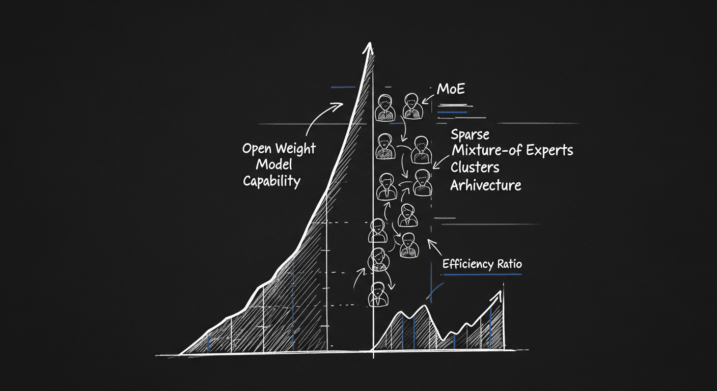 Sketch of open weight LLM capability growth with MoE sparse activation