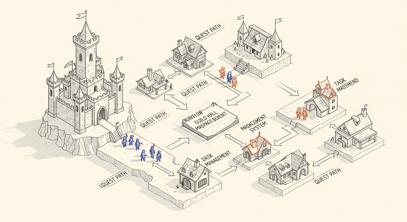 Isometric sketch of an RPG world map as an agentic software architecture with agent figures, castle repositories, and dispatch board